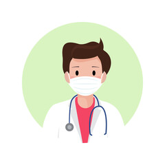 Flat male doctor avatar in medical face protection mask and stethoscope. Healthcare vector illustration. People cartoon avatar profile character icon. 