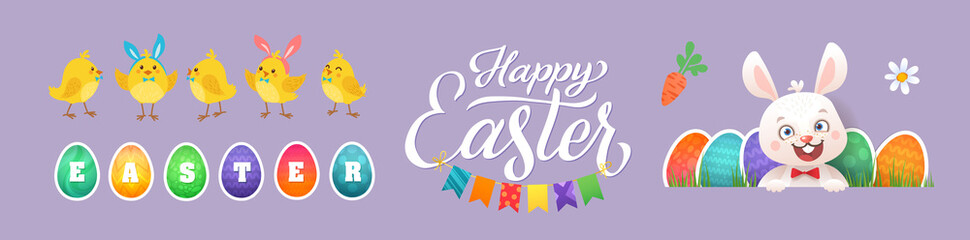 Obraz na płótnie Canvas Happy Easter Greeting Set. Bunny and Chicks. Vector illustration