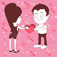 A girl and a guy passing a heart, on a pink background.