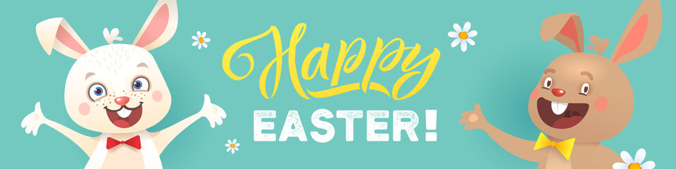 Happy Easter Greeting Card with Bunnies. Horizontal Banner. Vector illustration