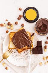 Chocolate-nut paste on toast. Nutritious breakfast. Space for text