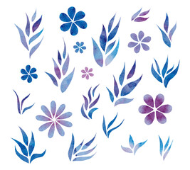 Set of illustrations of blue branches and leaves. Watercolor background. Spring flowers.