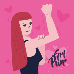 Girl power strong woman cartoon on hearts background vector design