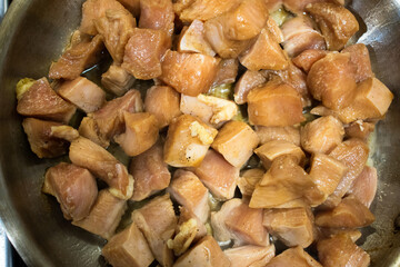 Homemade chicken meat on pan. Tasty chicken recipe.