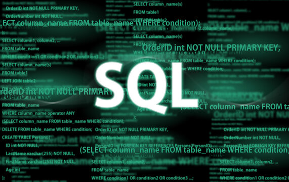 SQL code on dark background and word SQL. SQL programing language