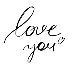 Obraz premium Kawaii cute simple hand lettering black love you with heart. Contour doodle line isolate vector. Print for tattoo, poster, postcard, invitation, sticker, holiday, valentine's day