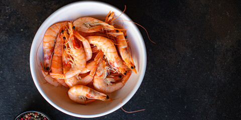 shrimp boiled prawn seafood crustacean on the table for meal snack outdoor top view copy space for text food background rustic image diet pescetarian