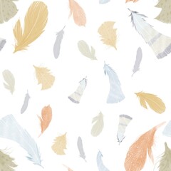 seamless pattern with flying feathers on white, abstract background, cute wallpaper