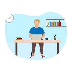 Freelancer man working remotely with computer laptop at home. Vector and illustration design.
