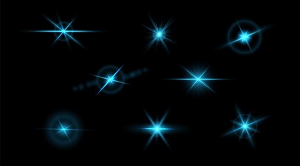 Set of flashes, star burst and sparkles on transparent background. golden glowing effect with light rays. Vector illustration.