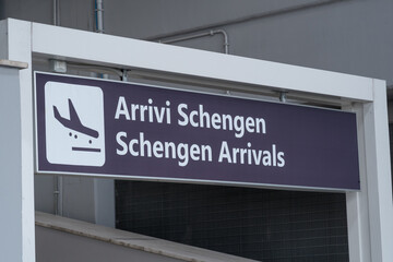 Fiumicino, Italy - January 8, 2021: Schengen Arrivals board, Italian: Arrivi Schengen
