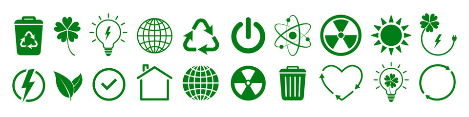 Set of ecology icons, nature green icons. Environmental icons and design elements. Recycling. Eco symbols. Vector illustration.