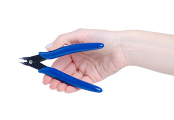 Wire cutter tool in hand on white background isolation