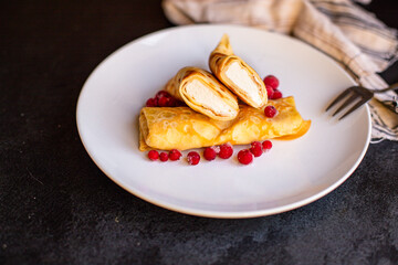 pancakes flapjack thin cake curd filling crepe cottage cheese ricotta Pancake week sweet dessert vanilla cream on the table for meal snack outdoor top view copy space for text food background