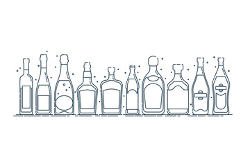 Collection bottle alcoholic drinks. Alcohol container stand in row. Illustration isolated. Flat design style. Beer champagne red wine liquor vodka martini vermouth whiskey rum tequila