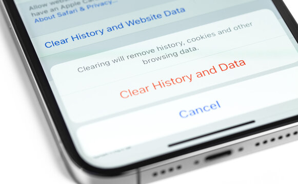 Apple iPhone official browser Safari remove history, cookies and other browsing data. Apple is a multinational technology company. Moscow, Russia - January 12, 2021