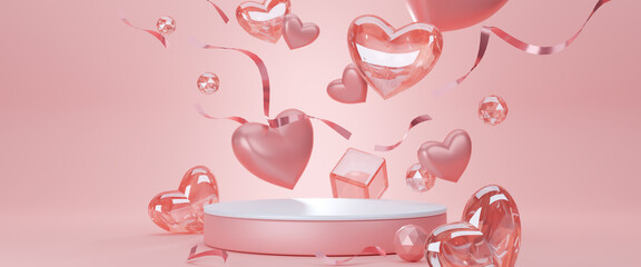 Valentine's Day interior with gold platform, hearts, balloons. Stand, podium, pedestal for goods, shop windows and magazines. Love greeting card, poster with pink gift boxes, presents - 3D, render.