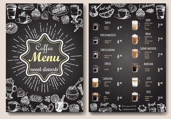 Coffee menu vector template. Front and back sides A4 paper format coffee menu price list, hand drawn design on chalkboard for cafe and restaurant.