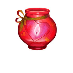 St. Valentine's day holiday greeting card with lantern lamp with burning heart candle. Digital art illustration of postcard on February 14, gift or present on romantic party, lamp with symbol of love.