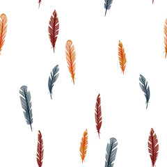 Feathers boho watercolor seamless pattern on white background - for fabric, wrapping, textile, wallpaper, background.