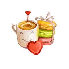 St. Valentine's day holiday greeting card with cup of coffee, macarons and heart shape chocolate candy. Digital art illustration of postcard on February 14, gift or present on romantic party.