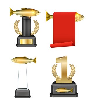 Fishing trophy mockup set, vector isolated illustration. Realistic angler competition winner awards, plaques. Fishing championship winning rewards.