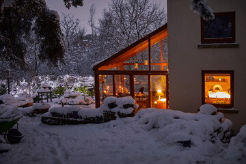 Dales farm cottage in evening snow