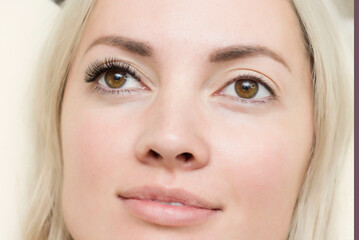 Fototapeta premium Eyelash Extension Procedure. Woman Eye with Long Blue Eyelashes. Close up, selective focus.