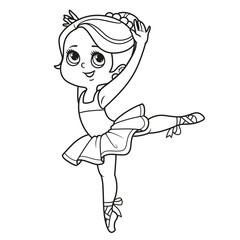 Fototapeta na wymiar Cute cartoon little ballerina girl dancing on one leg outlined for coloring isolated on a white background