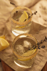 Lemonade with lemon and lavender in rustic style