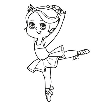 Cute cartoon little ballerina girl dancing on one leg outlined for coloring isolated on a white background