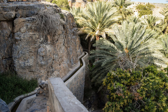 Falaj, an ancient irrigation system, in the orchards in Misfat Al Abriyeen, Oman.