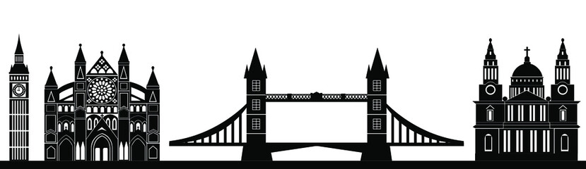 London landmarks in black colors. Seamless Isolated vector banner.