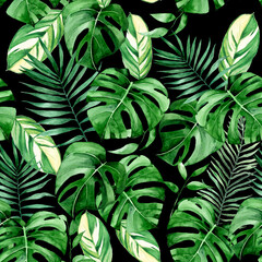 watercolor seamless pattern with tropical green leaves on black background. leaves of palm, monstera, fern on a dark background.