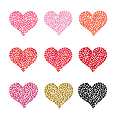 Set of 9 mosaic hearts on white background. Collection for romantic design. Easy to recolor hearts. Ceramic tile texture.