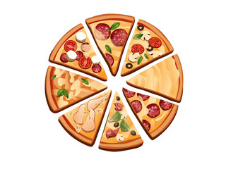 Fresh hot slices pizza with delicious ingredients, with various toppings pepperoni, gorgonzola, margarita, capricciosa, cheesecake, fast food on white background - Top view vector illustration