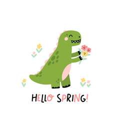 Funny character dinosaur or Tyrannosaurus with flowers. Cute T-Rex. The inscription: Hello Spring! Colored vector illustration in scandinavian style.