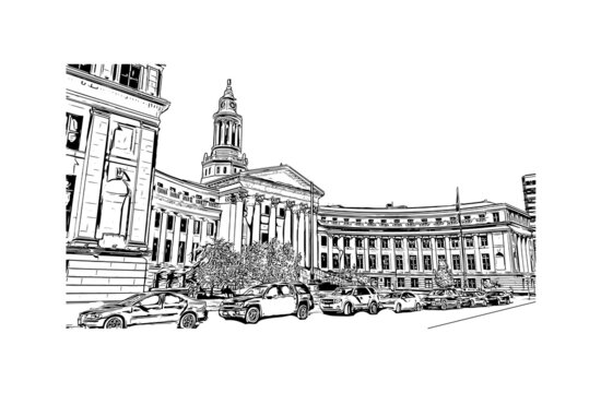 recommend clip art: Building view with landmark of Denver is the capital of Colorado. Hand drawn sketch illustration in vector.