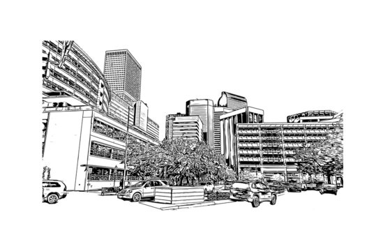recommend clip art: Building view with landmark of Denver is the capital of Colorado. Hand drawn sketch illustration in vector.