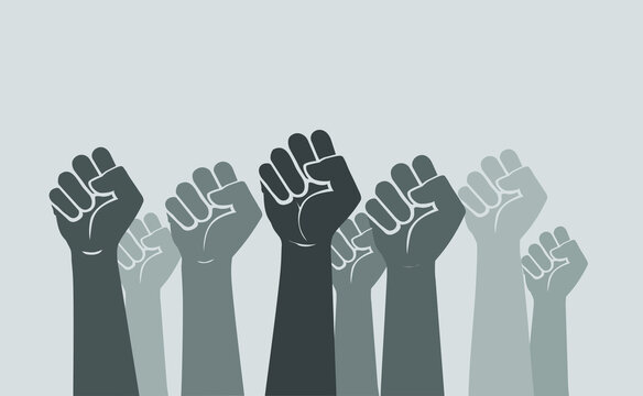 Multiracial human hands and fists raised in the air - symbol of solidarity, protest, diversity and inclusion. Greyscale vector illustration of people protesting.