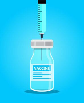 Coronavirus vaccination concept vector. Covid-19 vaccine bottle and syringe injection tool illustration in flat style. Immunization treatment banner