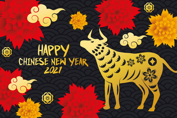 chinese new year 2021 lettering card with golden ox and flowers garden