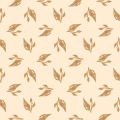 Abstract botanical seamless pattern with beige leaf branches elements. Light background.