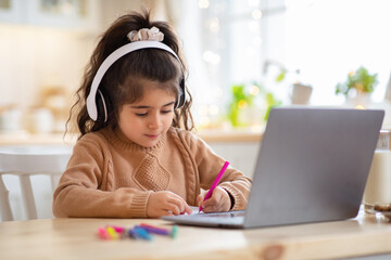 Distance Learning. Cute Little Girl In Headphones Study With Laptop At Home