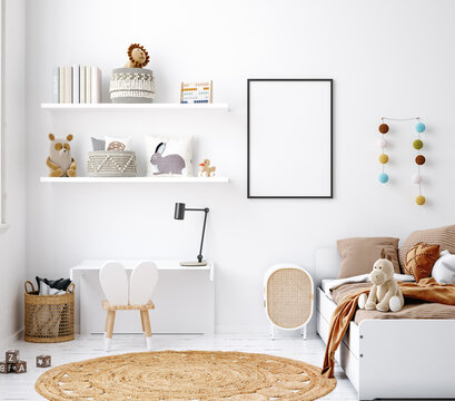 Mock up frame in white cozy children room interior background, Scandinavian style, 3D render