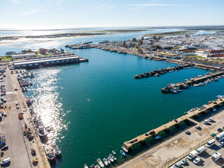 Aerial view of fishermen's harbor in Olhao, Algarve, Portugal