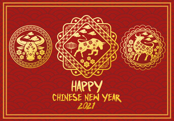 chinese new year 2021 lettering card with golden oxen in laces