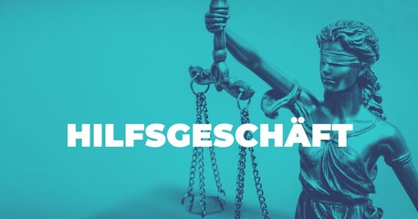 Hilfsgeschäft. Close-up einer Justitia Statue. Duotone blau mit weißem Text. Symbol für Gerechtigkeit und Anwalt.