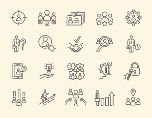 A set of black and white outline icons on the topic of recruiting and personnel search. Contains icons such as teamwork, personal growth, CV, agreement and others. Set of vector illustrations