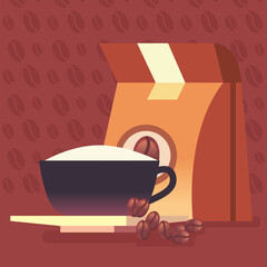 coffee bag and cup with beans vector design